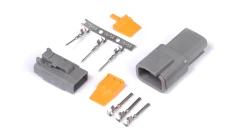 A set of pins and plugs that fit Deutsch DTM-3 (7.5 Amps) connectors.